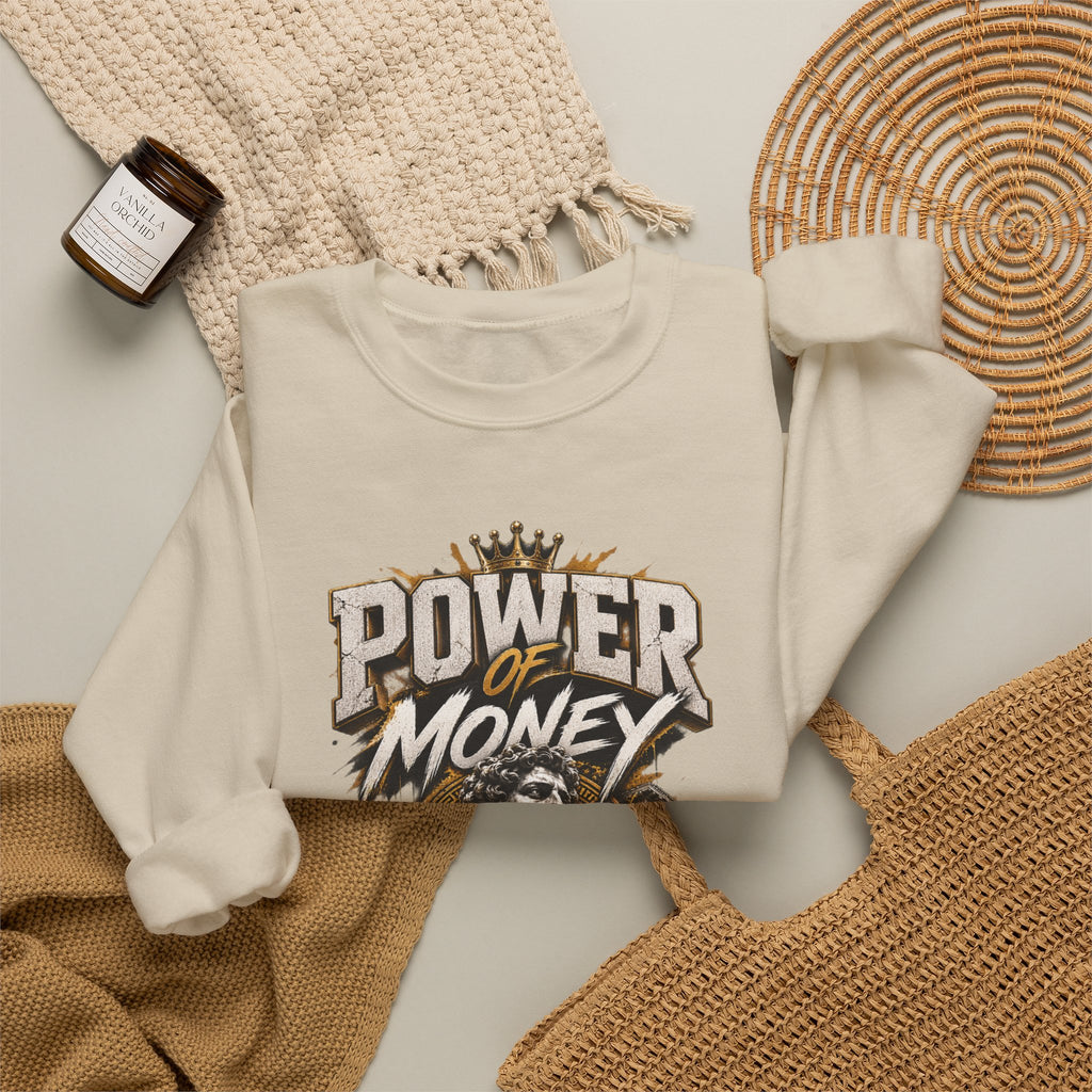 Power of Money Crewneck Sweatshirt — Vintage Statue & Bank Graphic