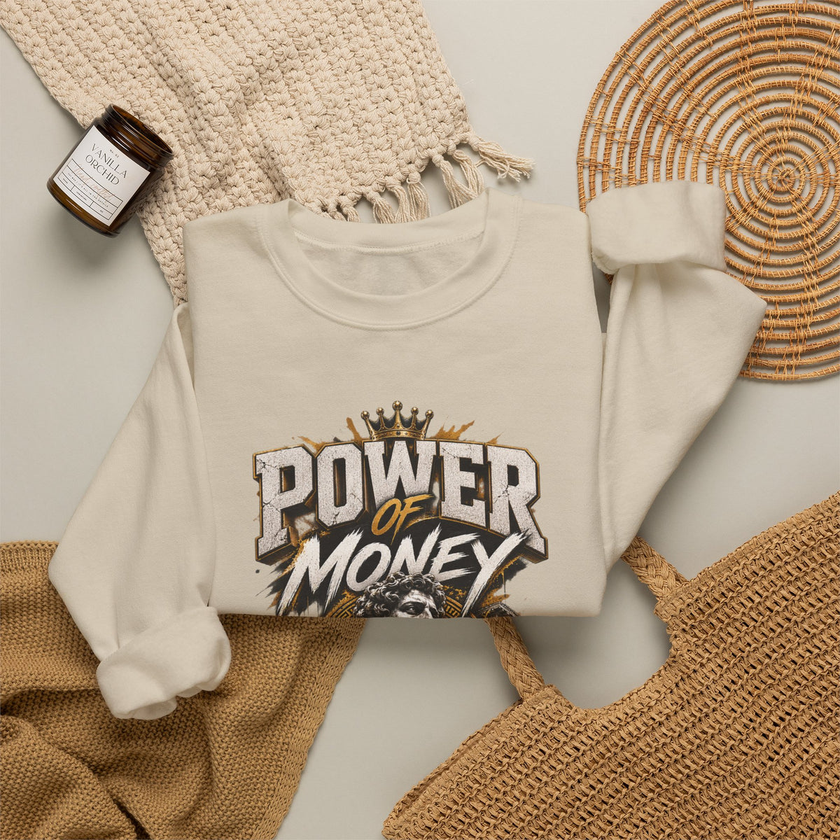 Power of Money Crewneck Sweatshirt — Vintage Statue & Bank Graphic