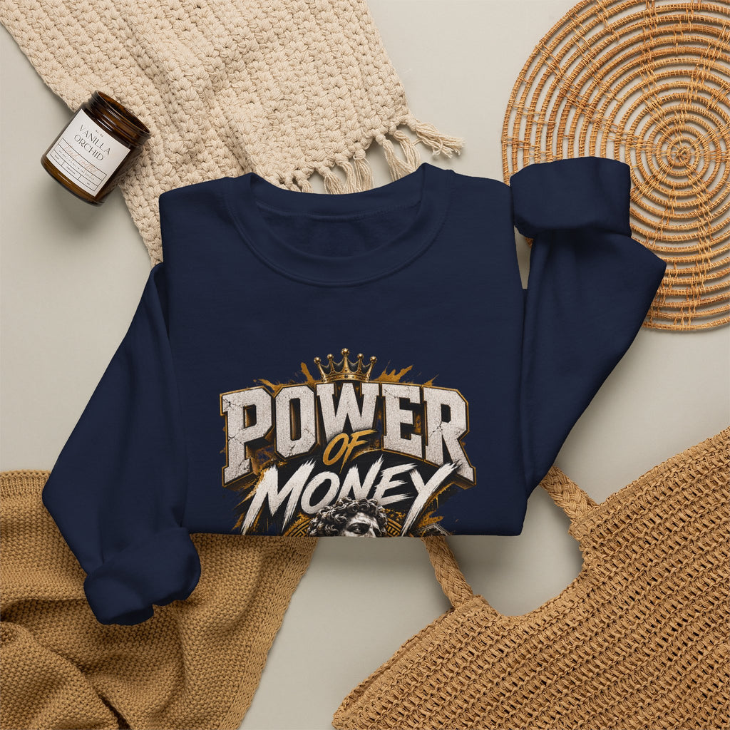 Power of Money Crewneck Sweatshirt — Vintage Statue & Bank Graphic