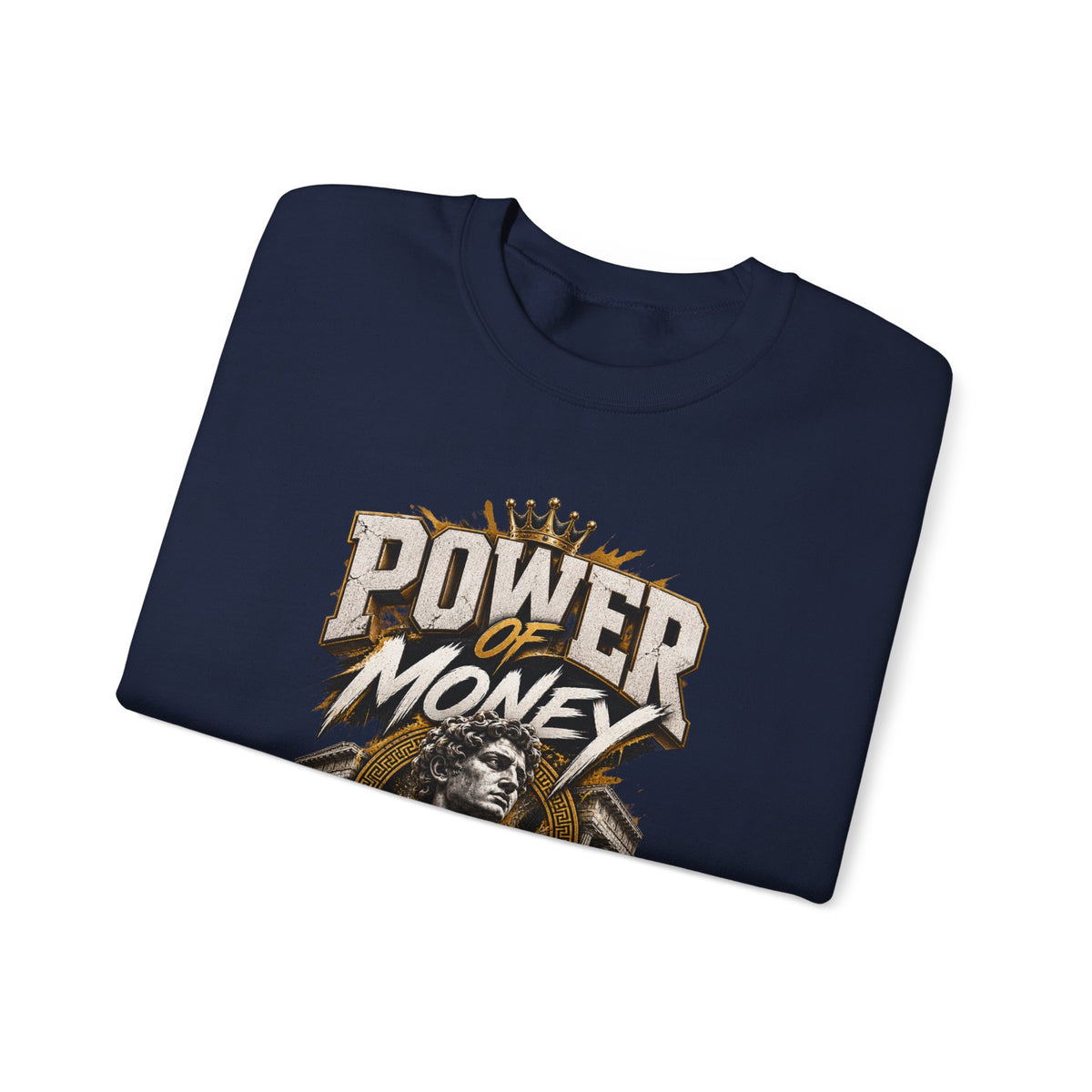 Power of Money Crewneck Sweatshirt — Vintage Statue & Bank Graphic