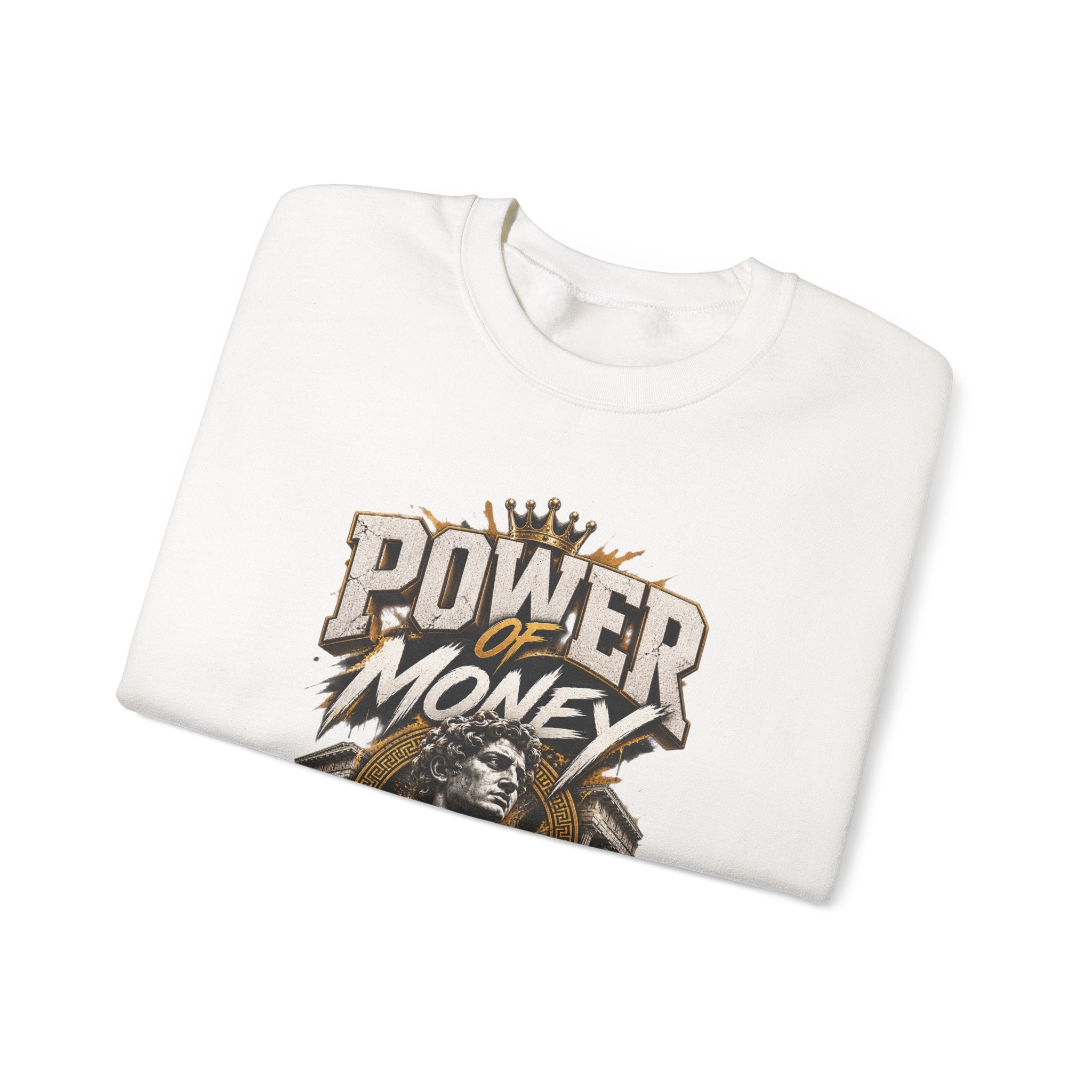Power of Money Crewneck Sweatshirt — Vintage Statue & Bank Graphic