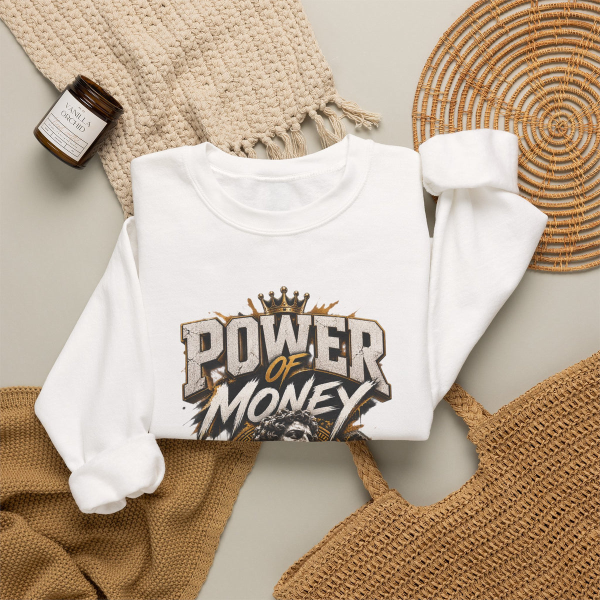 Power of Money Crewneck Sweatshirt — Vintage Statue & Bank Graphic