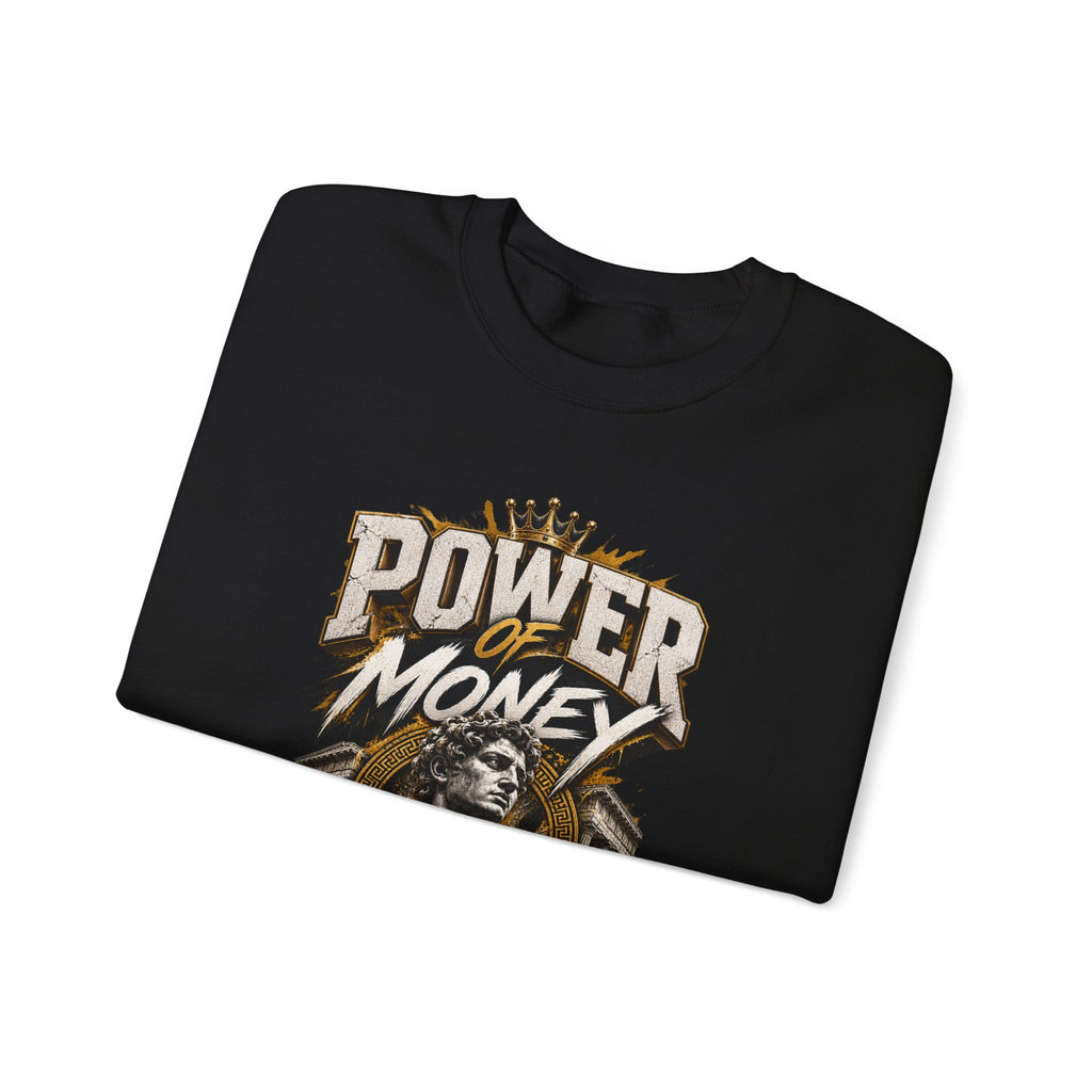 Power of Money Crewneck Sweatshirt — Vintage Statue & Bank Graphic