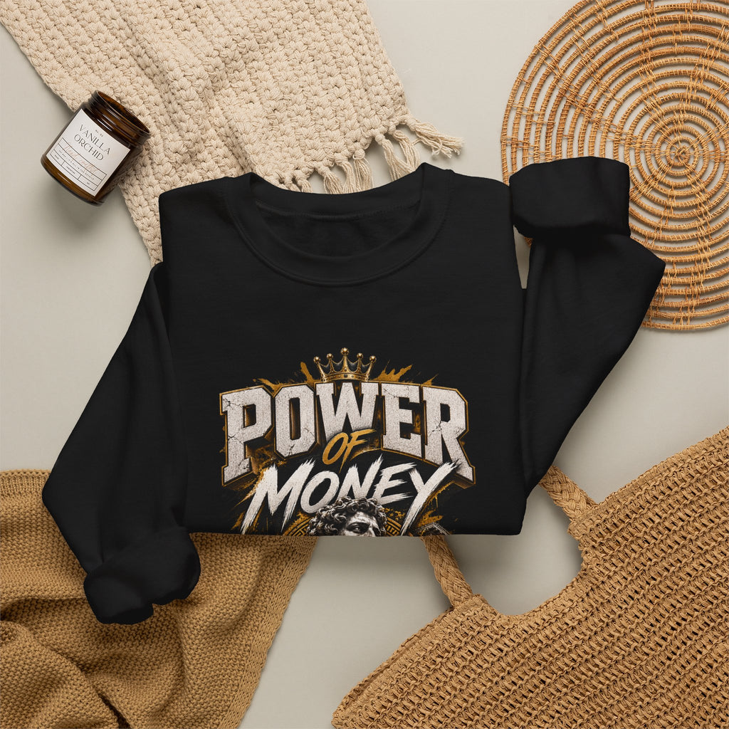 Power of Money Crewneck Sweatshirt — Vintage Statue & Bank Graphic