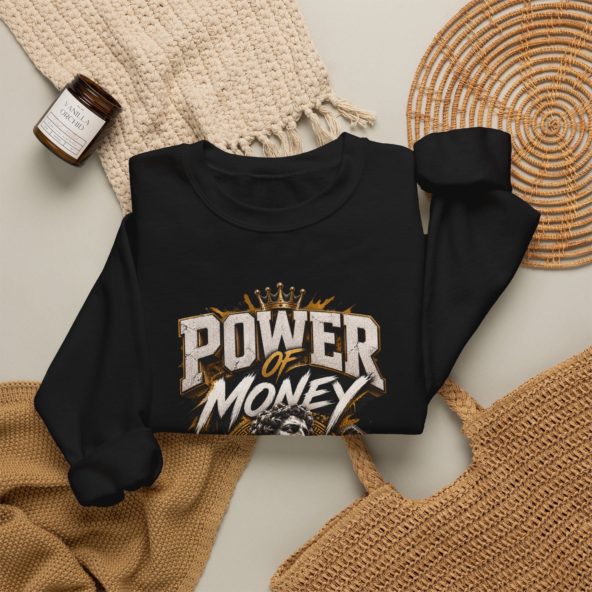 Power of Money Crewneck Sweatshirt — Vintage Statue & Bank Graphic