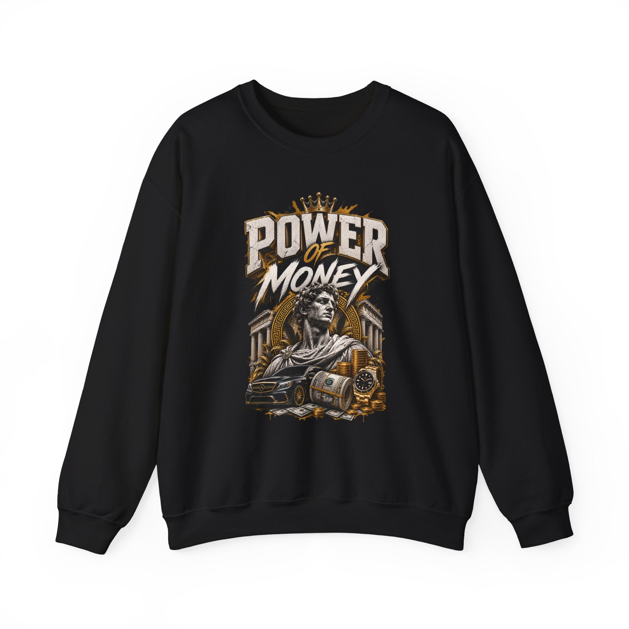 Power of Money Crewneck Sweatshirt — Vintage Statue & Bank Graphic