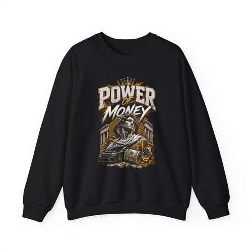 Power of Money Crewneck Sweatshirt — Vintage Statue & Bank Graphic
