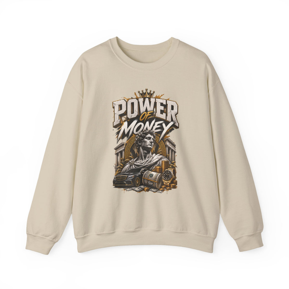 Power of Money Crewneck Sweatshirt — Vintage Statue & Bank Graphic