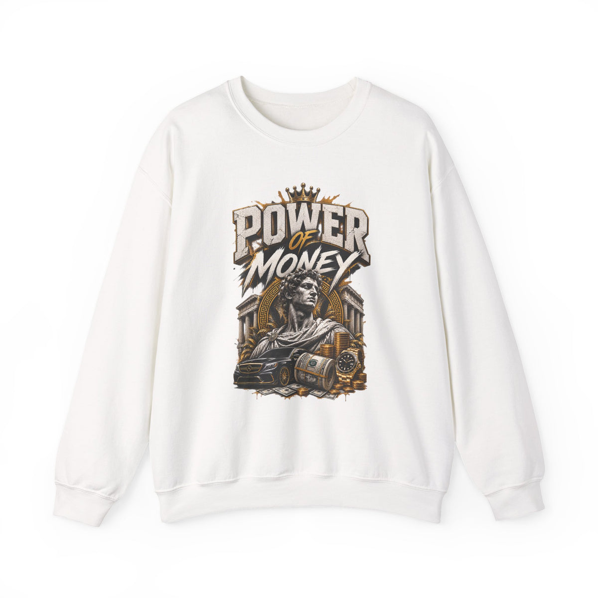 Power of Money Crewneck Sweatshirt — Vintage Statue & Bank Graphic