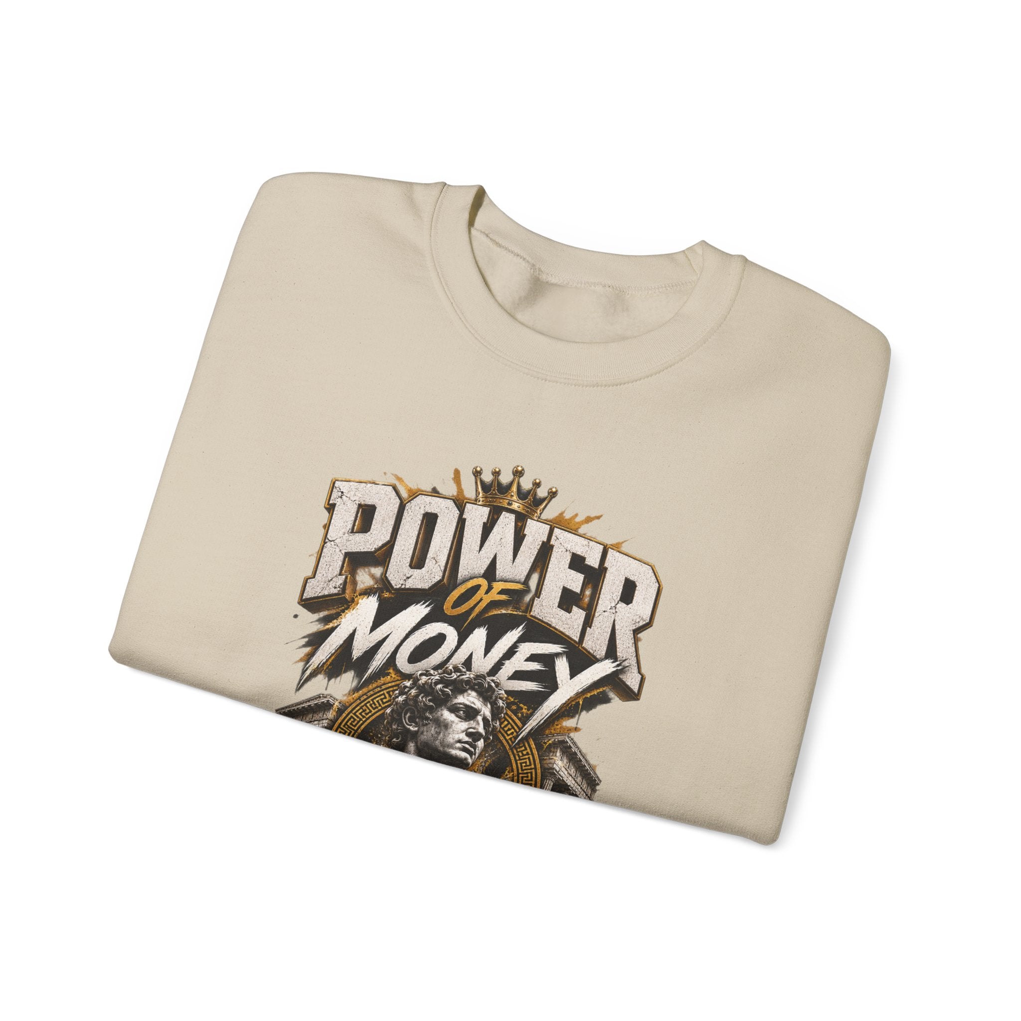 Power of Money Crewneck Sweatshirt — Vintage Statue & Bank Graphic